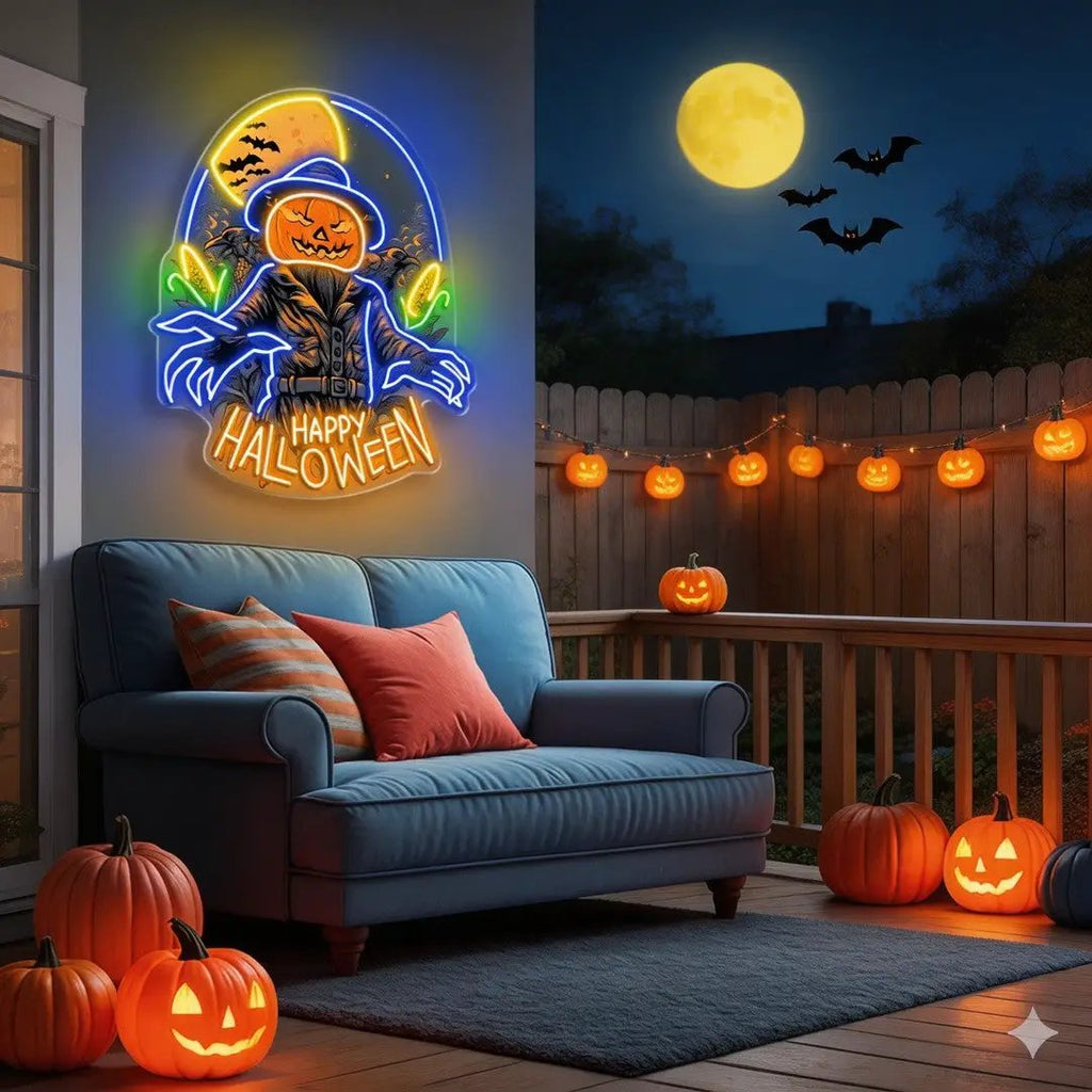 Halloween Scarecrow Pumpkin Neon Sign – Spooky LED Wall Light for Haunted House & Party Decor