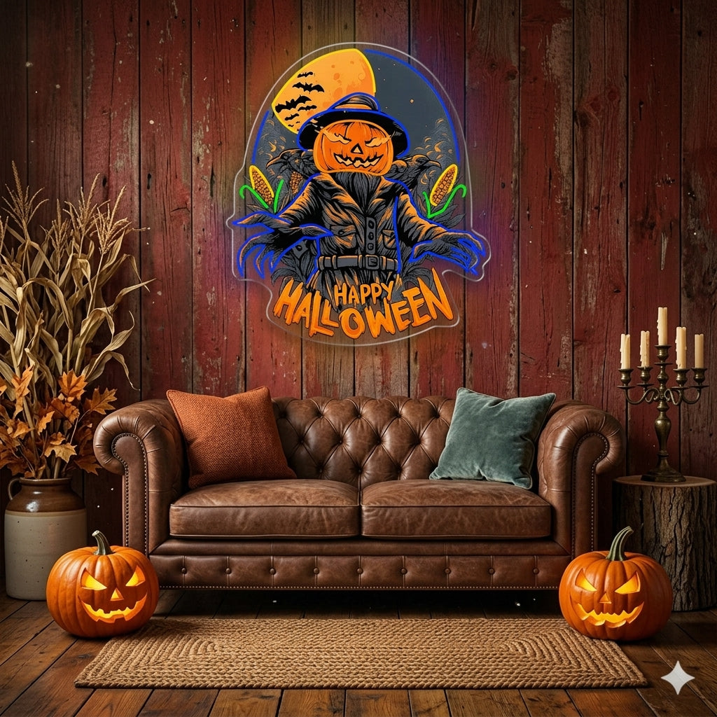 Halloween Scarecrow Pumpkin Neon Sign – Spooky LED Wall Light for Haunted House & Party Decor