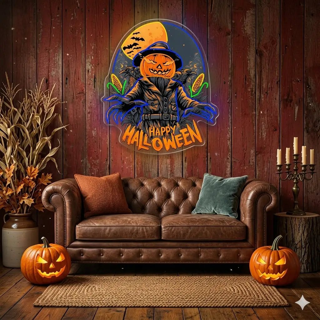 Halloween Scarecrow Pumpkin Neon Sign – Spooky LED Wall Light for Haunted House & Party Decor