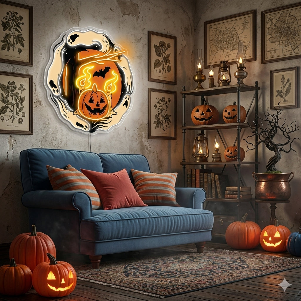 Halloween Ghost & Pumpkin Neon Sign – Spooky LED Wall Light for Haunted House & Party Decor