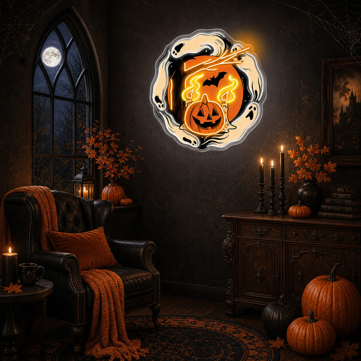 Halloween Ghost & Pumpkin Neon Sign – Spooky LED Wall Light for Haunted House & Party Decor