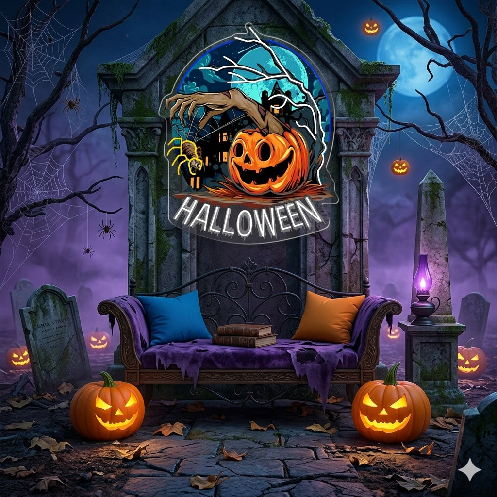 Creepy Pumpkin Hand Neon Sign – Halloween LED Wall Light for Haunted House & Party Decor