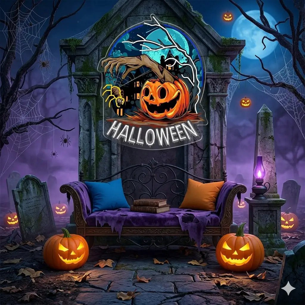 Creepy Pumpkin Hand Neon Sign – Halloween LED Wall Light for Haunted House & Party Decor