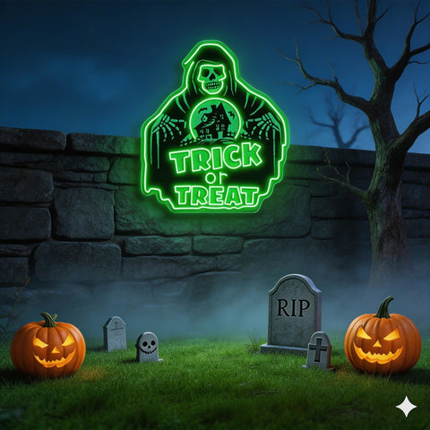 Trick or Treat Grim Reaper Halloween Neon Sign – LED Wall Light for Spooky Party Decor