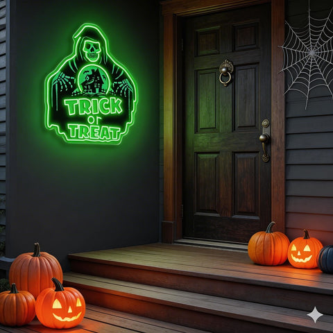 Trick or Treat Grim Reaper Halloween Neon Sign – LED Wall Light for Spooky Party Decor
