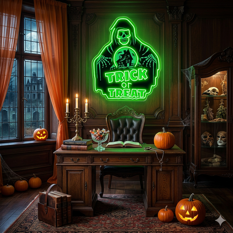 Trick or Treat Grim Reaper Halloween Neon Sign – LED Wall Light for Spooky Party Decor