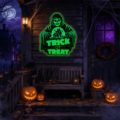 Trick or Treat Grim Reaper Halloween Neon Sign – LED Wall Light for Spooky Party Decor