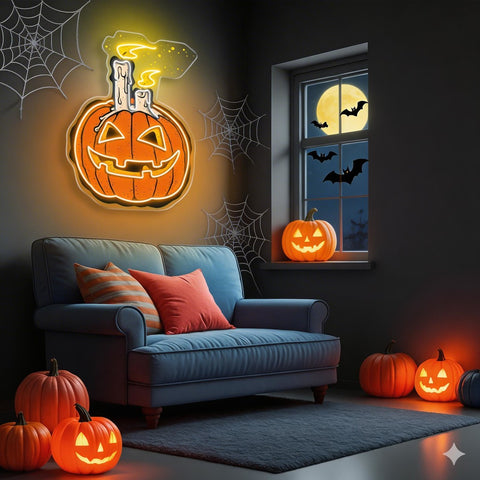 Jack-O’-Lantern Candle Neon Sign – Halloween LED Pumpkin Light for Spooky Home & Party Décor