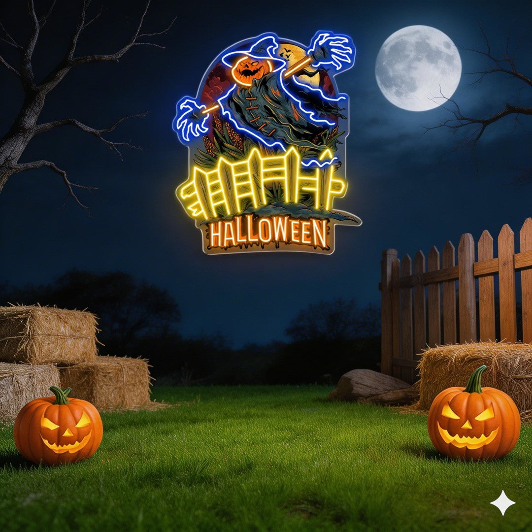 Scary Pumpkin Scarecrow Neon Sign – Halloween LED Wall Light for Spooky Party & Haunted House Décor
