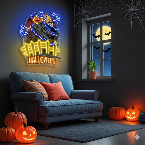 Scary Pumpkin Scarecrow Neon Sign – Halloween LED Wall Light for Spooky Party & Haunted House Décor