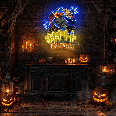 Scary Pumpkin Scarecrow Neon Sign – Halloween LED Wall Light for Spooky Party & Haunted House Décor