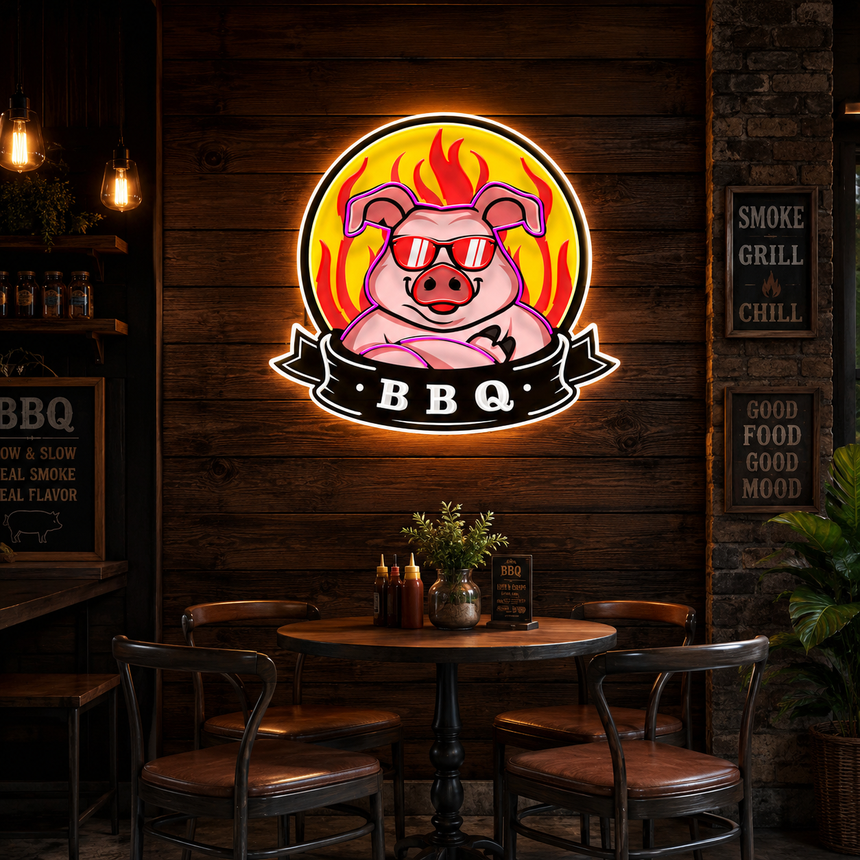 Custom Name Mascot Of Pig For BBQ In Badge Artwork Led Neon Sign Light