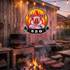 Custom Name Mascot Of Pig For BBQ In Badge Artwork Led Neon Sign Light