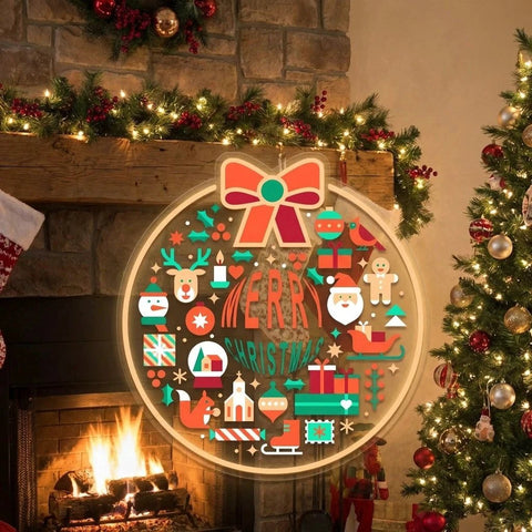 Merry Christmas LED Neon Sign with Festive Icons and Bow Accent