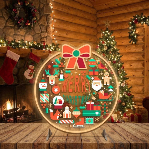 Merry Christmas LED Neon Sign with Festive Icons and Bow Accent