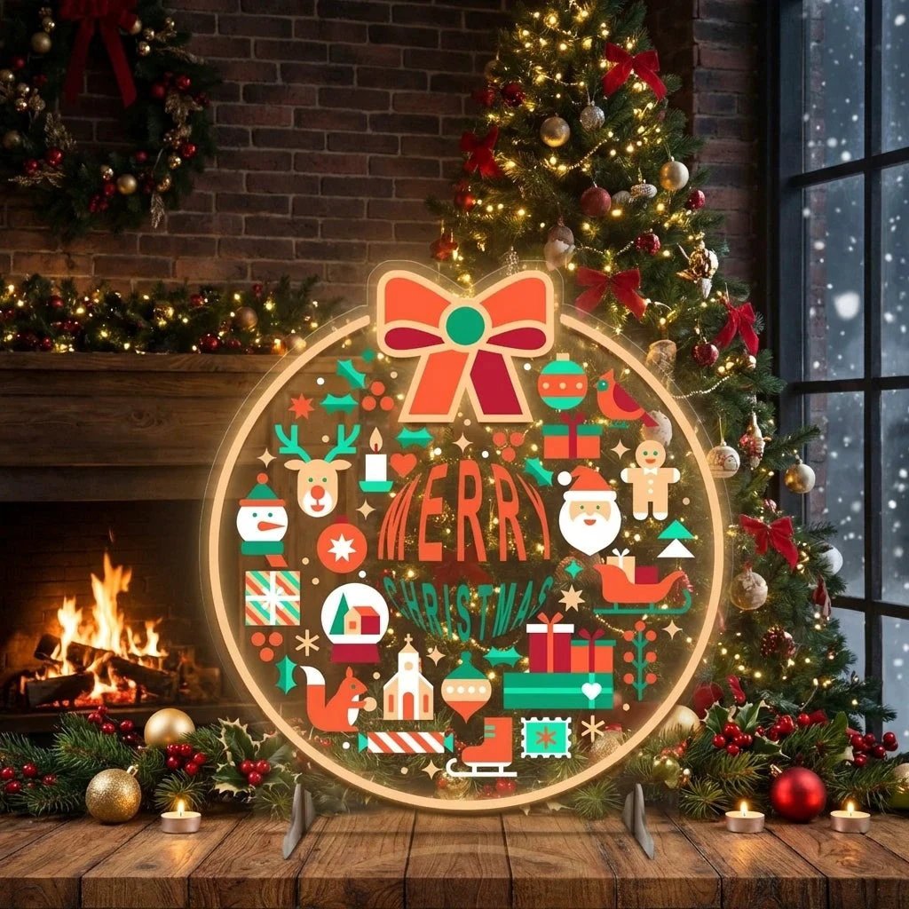 Merry Christmas LED Neon Sign with Festive Icons and Bow Accent