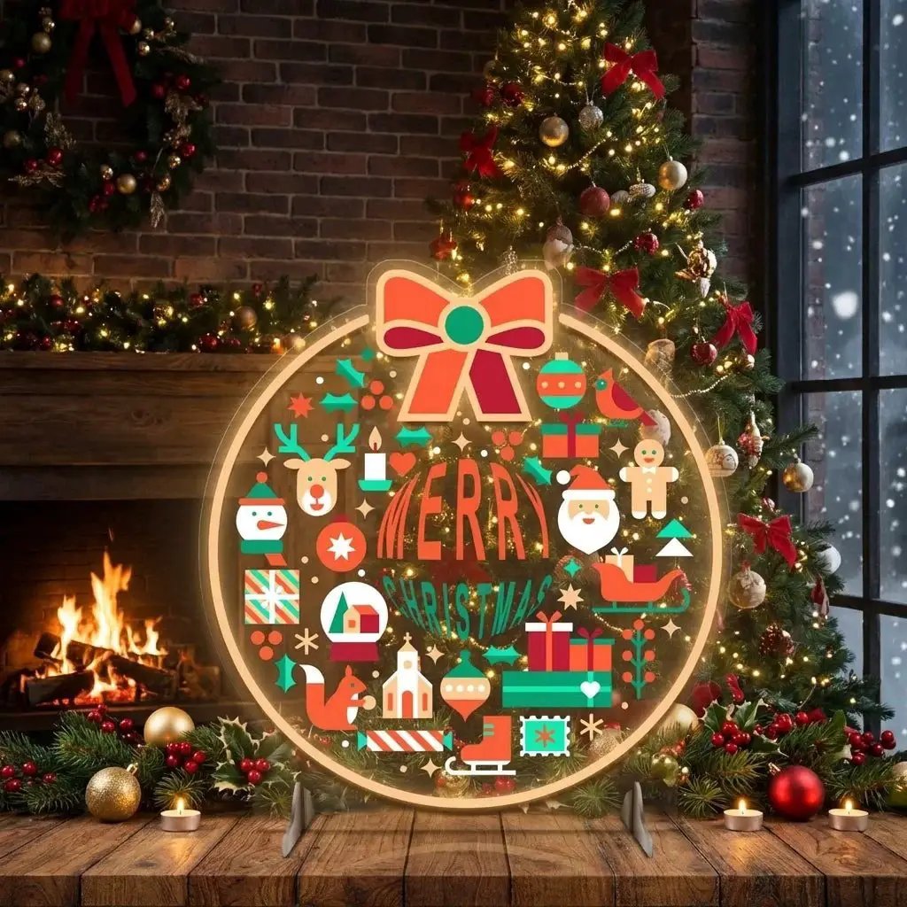Merry Christmas LED Neon Sign with Festive Icons and Bow Accent