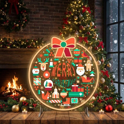 Merry Christmas LED Neon Sign with Festive Icons and Bow Accent