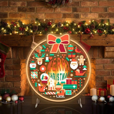 Merry Christmas LED Neon Sign with Festive Icons and Bow Accent