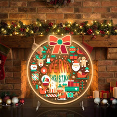 Merry Christmas LED Neon Sign with Festive Icons and Bow Accent