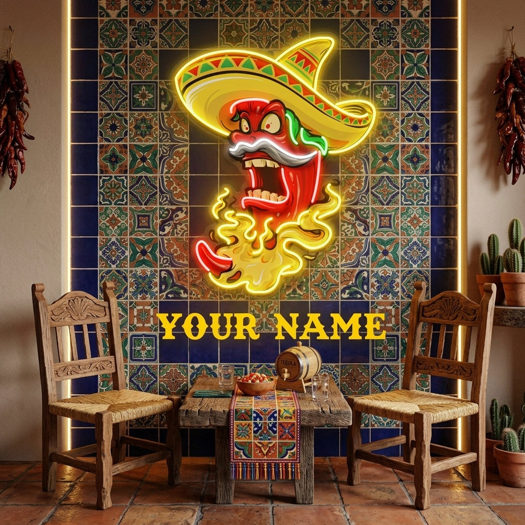 Custom Name Mexican Red Hot Chili Pepper With Hat Artwork Led Neon Sign Light