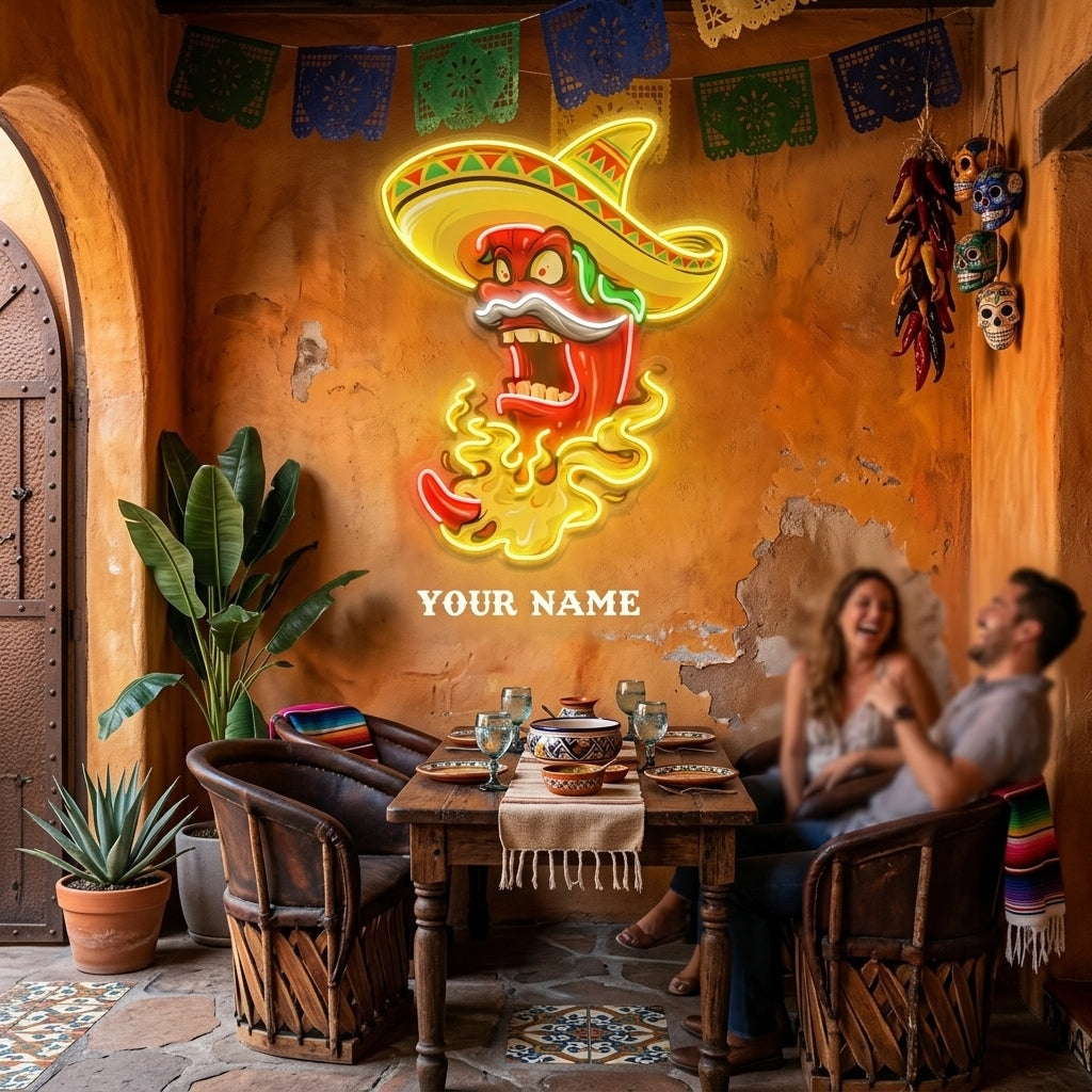 Custom Name Mexican Red Hot Chili Pepper With Hat Artwork Led Neon Sign Light