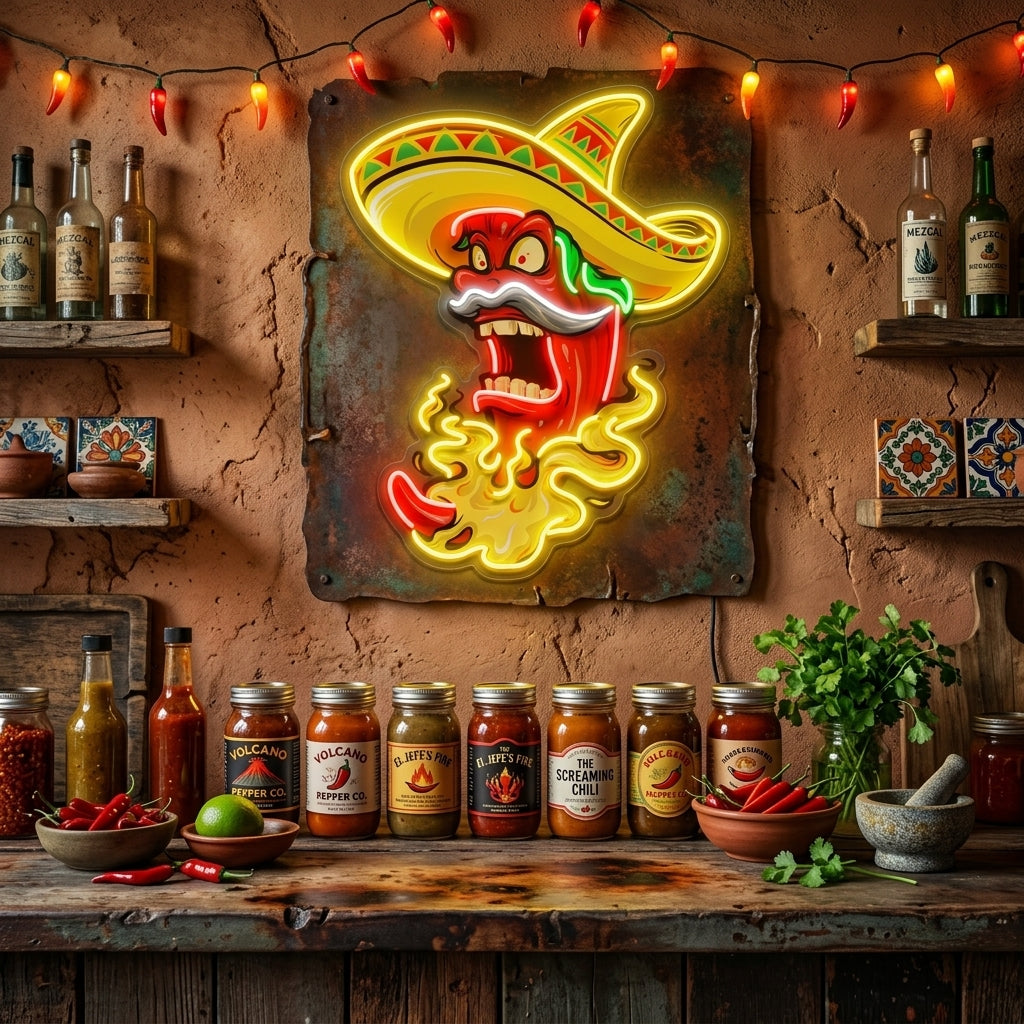 Custom Name Mexican Red Hot Chili Pepper With Hat Artwork Led Neon Sign Light