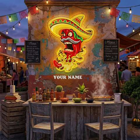 Custom Name Mexican Red Hot Chili Pepper With Hat Artwork Led Neon Sign Light