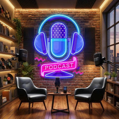 Custom Podcast LED Neon Sign artwork with Microphone and Headphones
