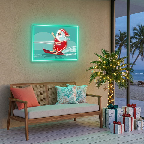 Surfing Santa Neon Sign – Fun Christmas LED Wall Light for Beach Lovers & Holiday Décor