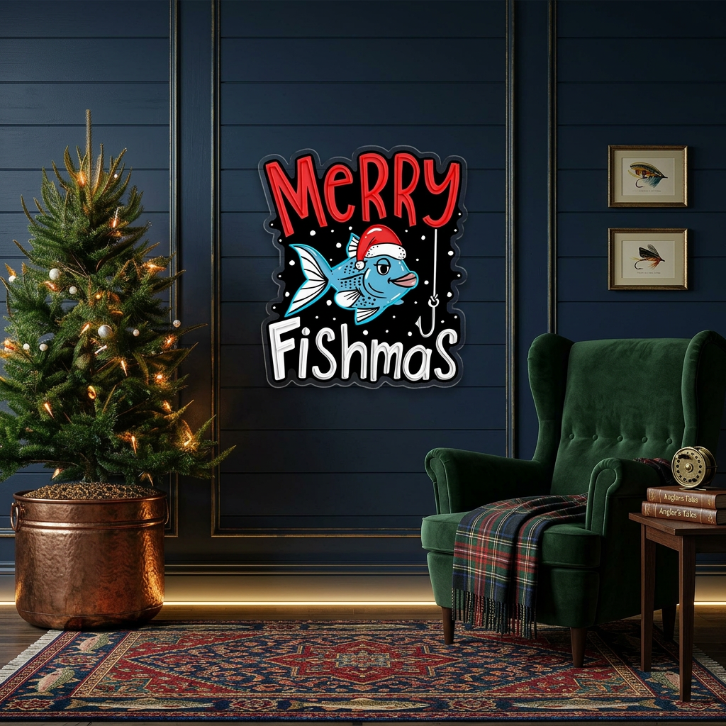 🎣 Merry Fishmas LED Neon Sign – Funny Christmas Fishing Wall Light for Home, Man Cave & Holiday