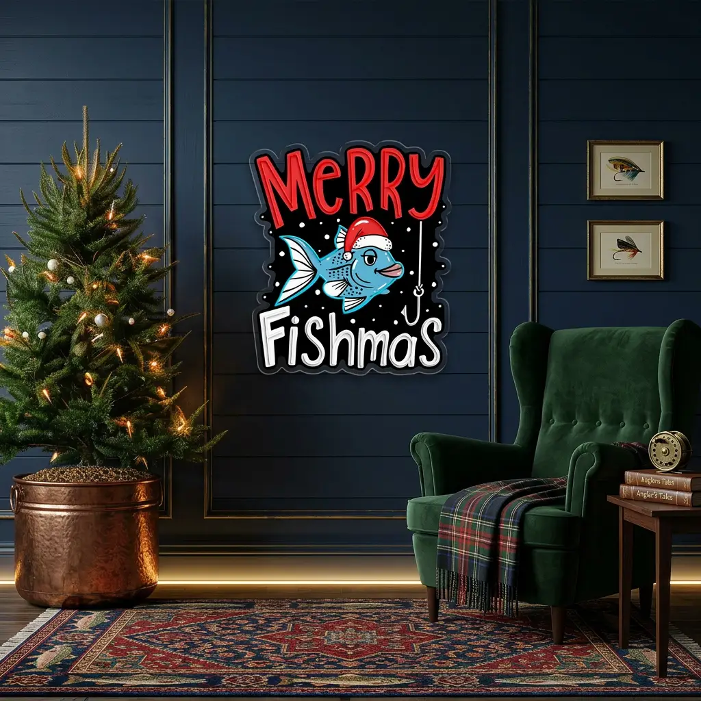🎣 Merry Fishmas LED Neon Sign – Funny Christmas Fishing Wall Light for Home, Man Cave & Holiday