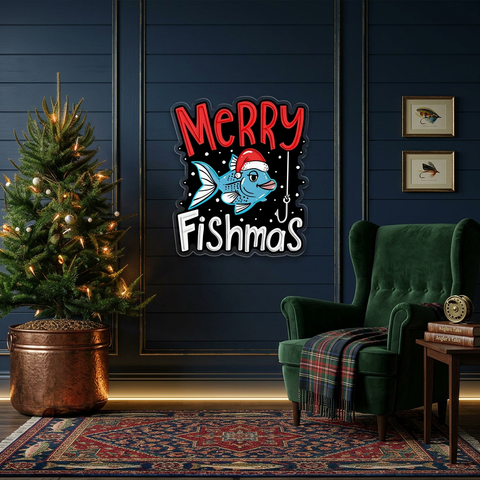 🎣 Merry Fishmas LED Neon Sign – Funny Christmas Fishing Wall Light for Home, Man Cave & Holiday