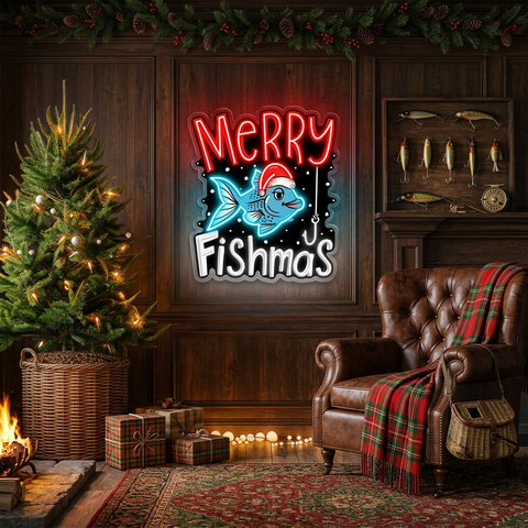 🎣 Merry Fishmas LED Neon Sign – Funny Christmas Fishing Wall Light for Home, Man Cave & Holiday