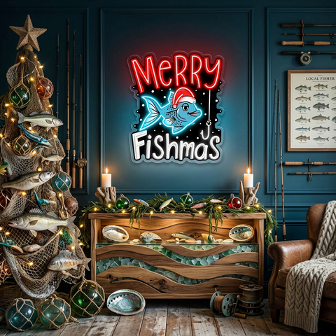 🎣 Merry Fishmas LED Neon Sign – Funny Christmas Fishing Wall Light for Home, Man Cave & Holiday