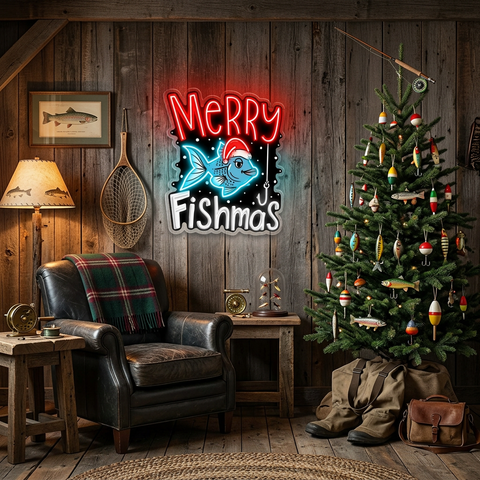 🎣 Merry Fishmas LED Neon Sign – Funny Christmas Fishing Wall Light for Home, Man Cave & Holiday