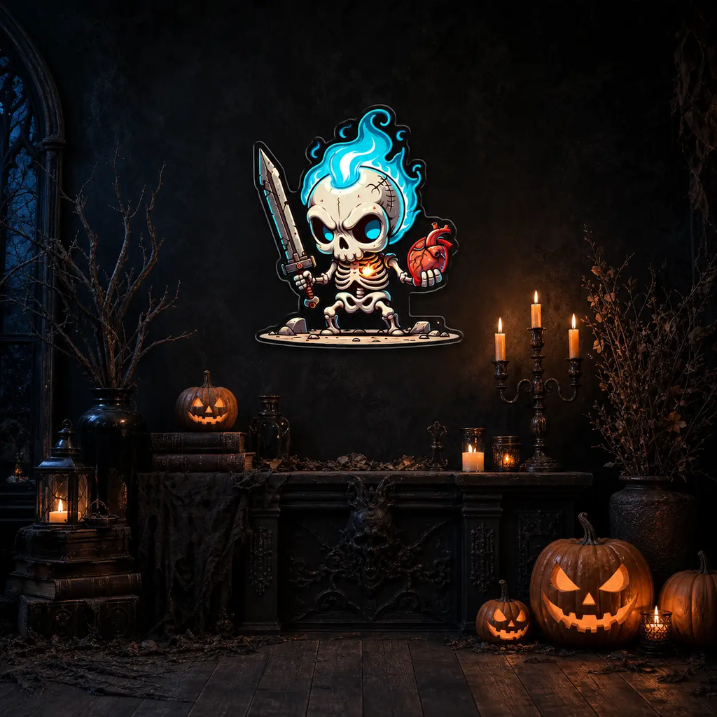 Flaming Skull Neon Sign – LED Skeleton Wall Light for Halloween Party & Game Room Décor