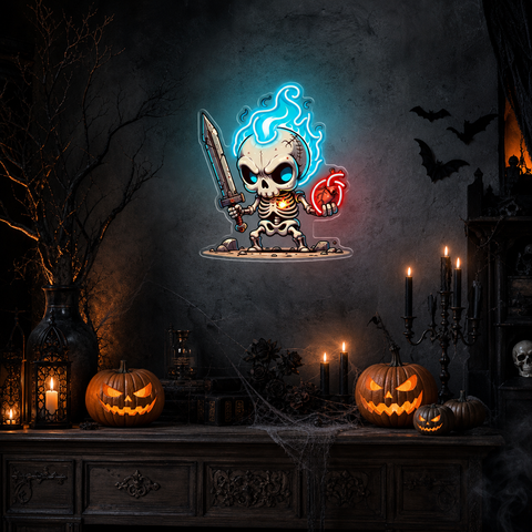 Flaming Skull Neon Sign – LED Skeleton Wall Light for Halloween Party & Game Room Décor
