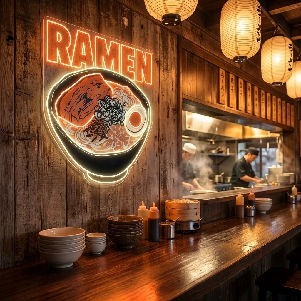 Minimal Ramen Bowl Neon Sign – Modern Japanese LED Wall Art