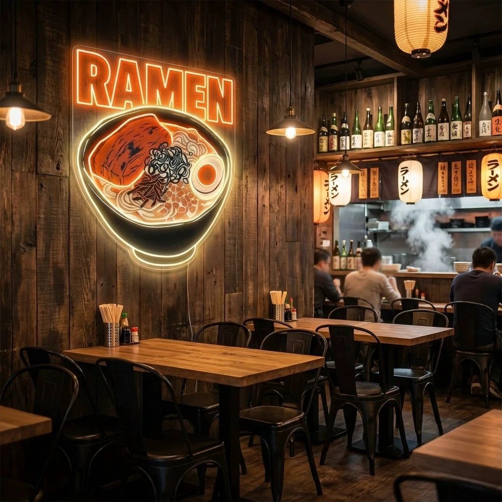 Minimal Ramen Bowl Neon Sign – Modern Japanese LED Wall Art