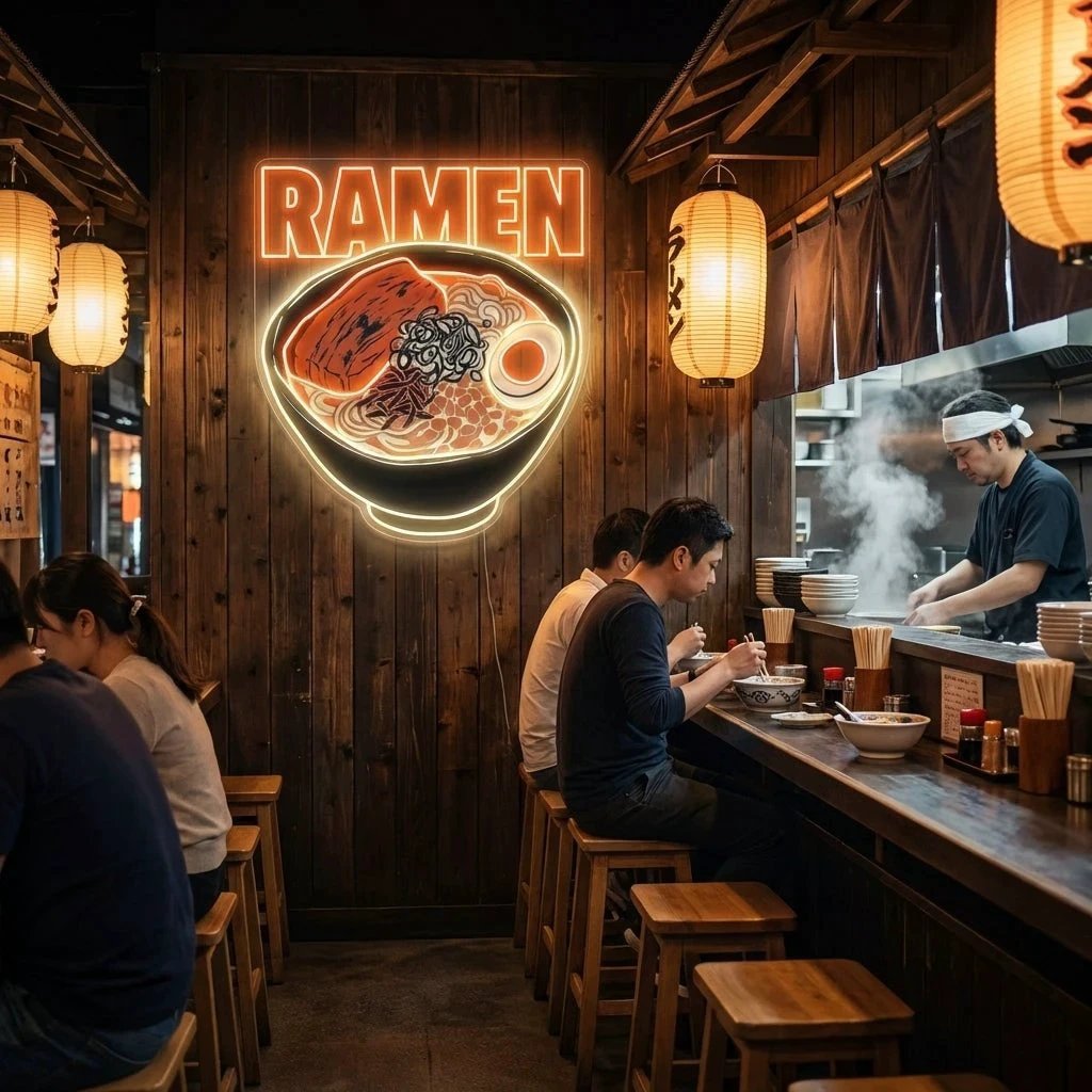Minimal Ramen Bowl Neon Sign – Modern Japanese LED Wall Art