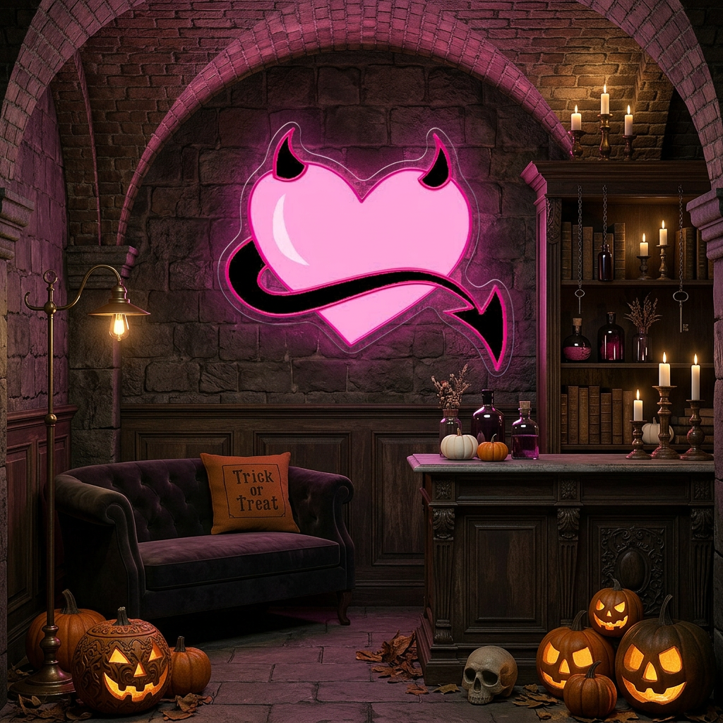 Pink Devil Heart Neon Sign – LED Wall Light for Bedroom, Bar & Party Décor