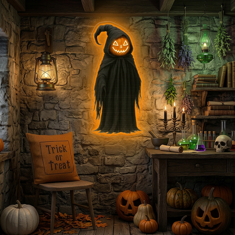 Halloween Grim Pumpkin Neon Sign – Spooky LED Wall Light for Haunted Home & Party Décor