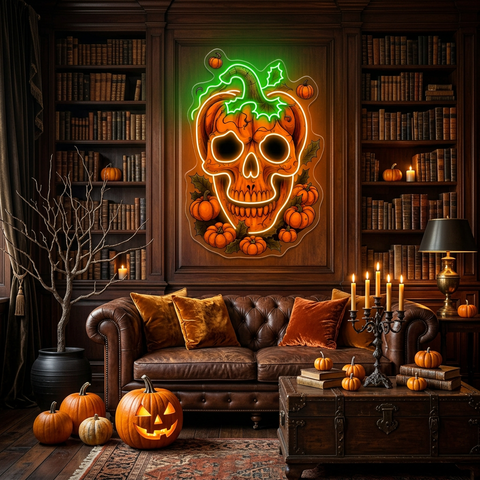 Pumpkin Skull Neon Sign – Creepy Halloween LED Wall Light for Haunted House & Spooky Party Décor