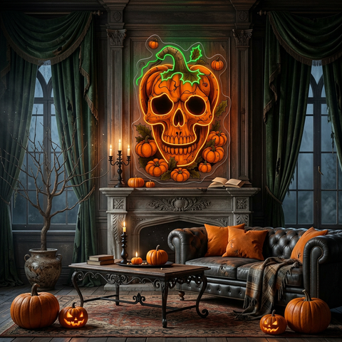 Pumpkin Skull Neon Sign – Creepy Halloween LED Wall Light for Haunted House & Spooky Party Décor