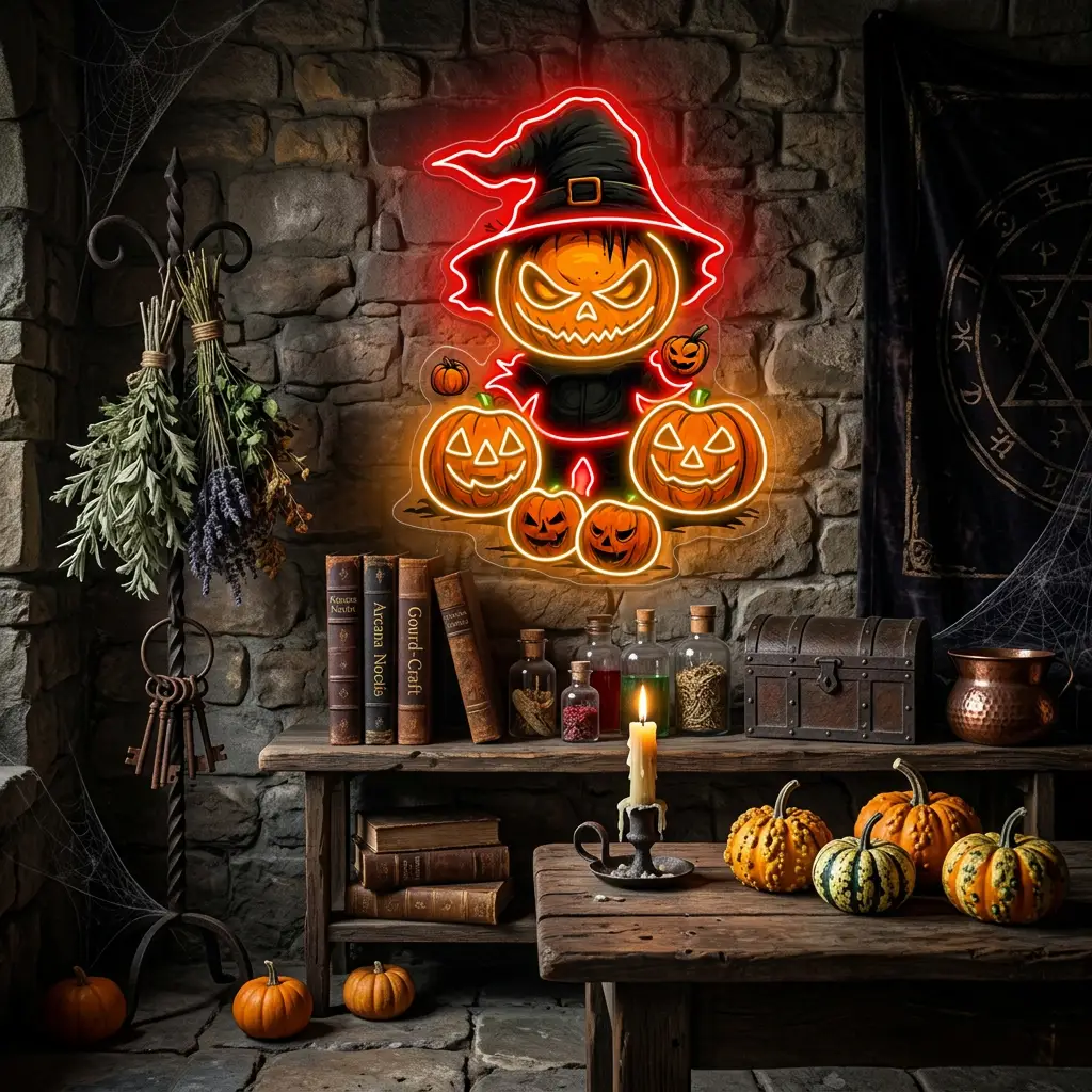 Witch Pumpkin Neon Sign – Spooky Halloween LED Light for Haunted House & Party Wall Décor