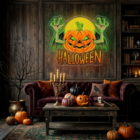 Flying Pumpkin Neon Sign – Halloween LED Wall Light for Spooky Home & Party Décor