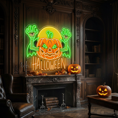 Flying Pumpkin Neon Sign – Halloween LED Wall Light for Spooky Home & Party Décor