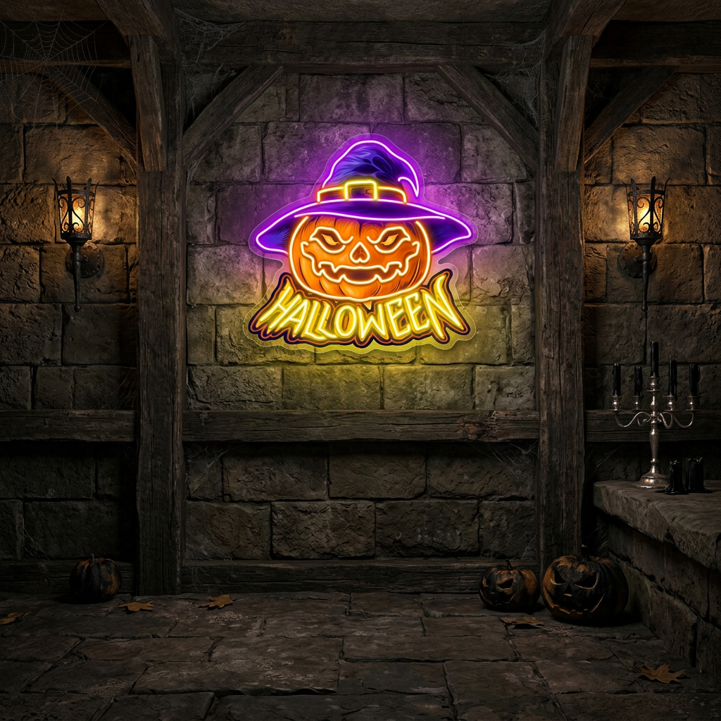 Pumpkin Witch Hat Neon Sign – Halloween LED Wall Light for Spooky Party & Home Décor