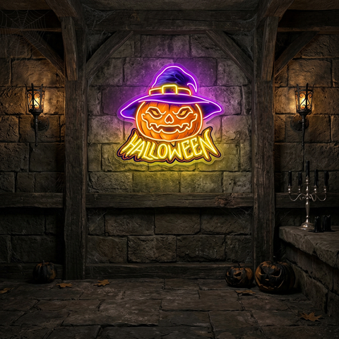 Pumpkin Witch Hat Neon Sign – Halloween LED Wall Light for Spooky Party & Home Décor